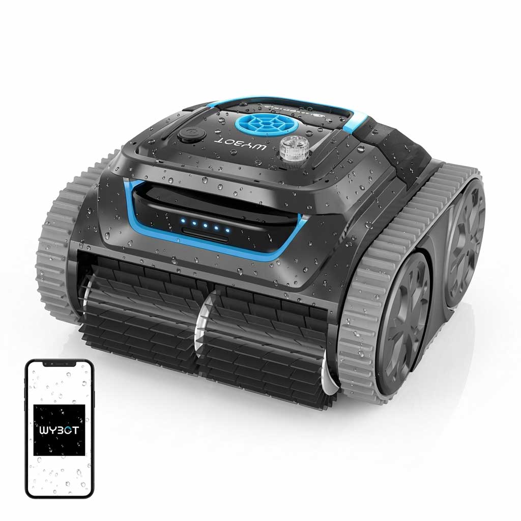 Automatischer Poolreiniger mit zwei Spuren und wasserbeständigem Design.