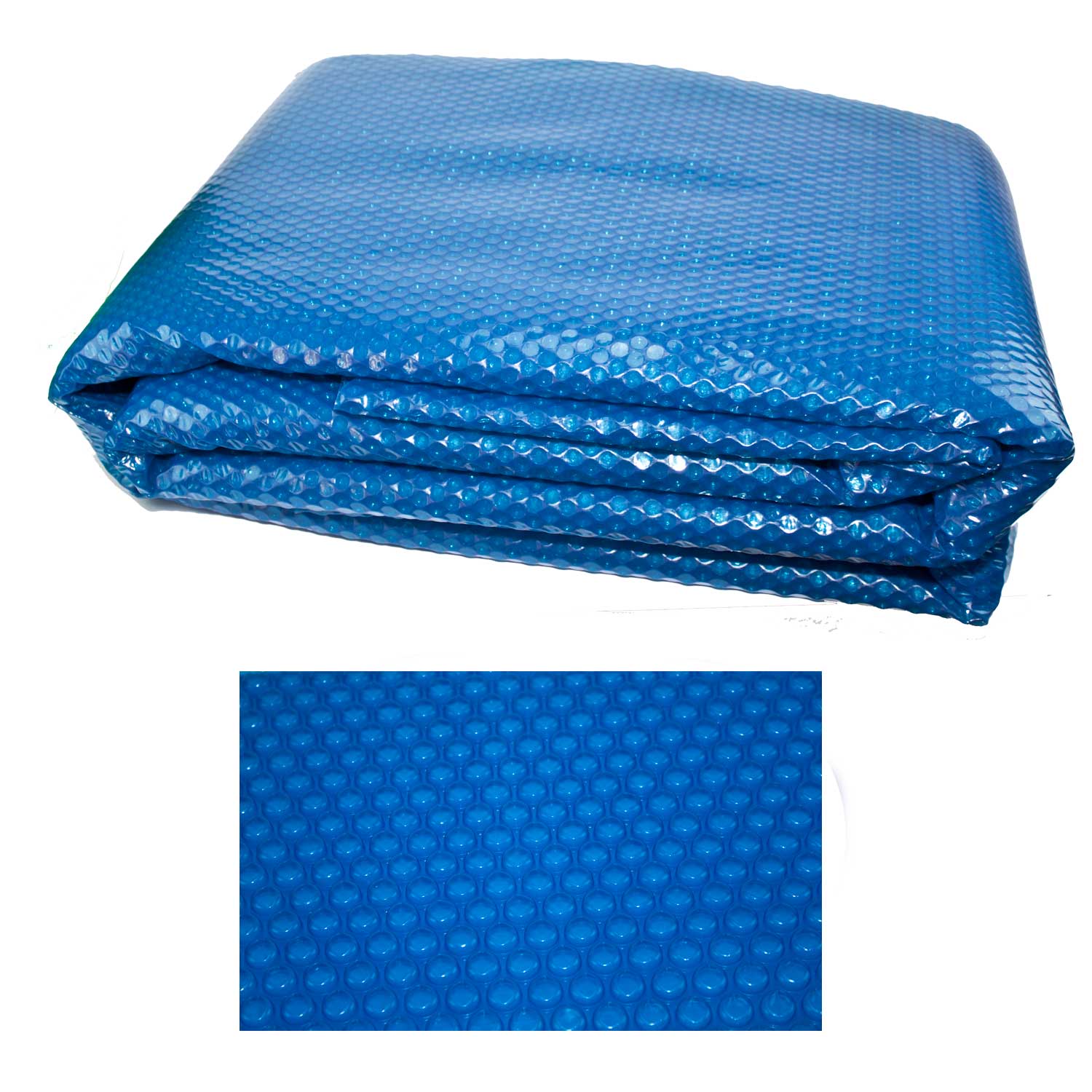 Das Bild zeigt eine gefaltete, blaue Blasen-Poolabdeckung und eine Detailansicht des Blasenmusters.