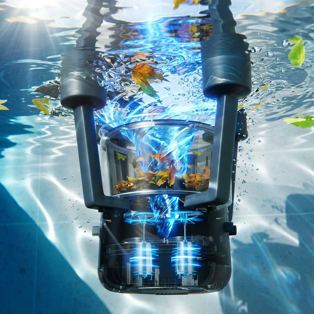 Unterwasseransicht eines Poolreinigers, der aktiv Blätter und Schmutz mit einem sichtbaren Wirbel entfernt.