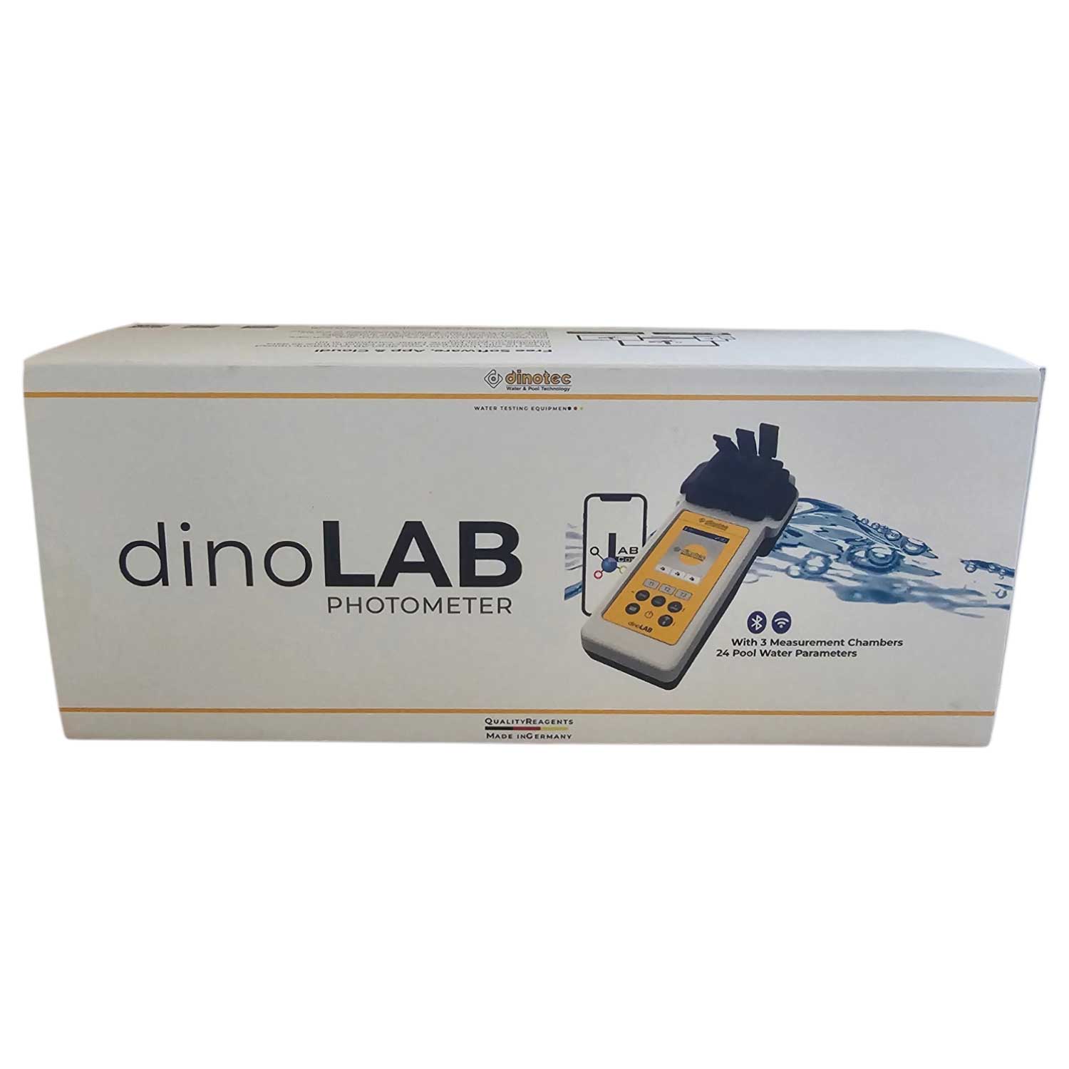 Eine weiße Produktbox für das dinoLAB-Photometer, ein Gerät zur Prüfung der Poolwasserparameter.