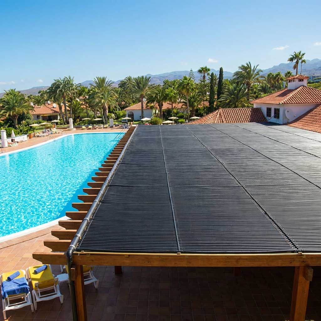 Das Bild zeigt einen Außenpool mit einem schwarzen Solar-Poolabdeckungssystem, das auf einer Holzkonstruktion installiert ist.