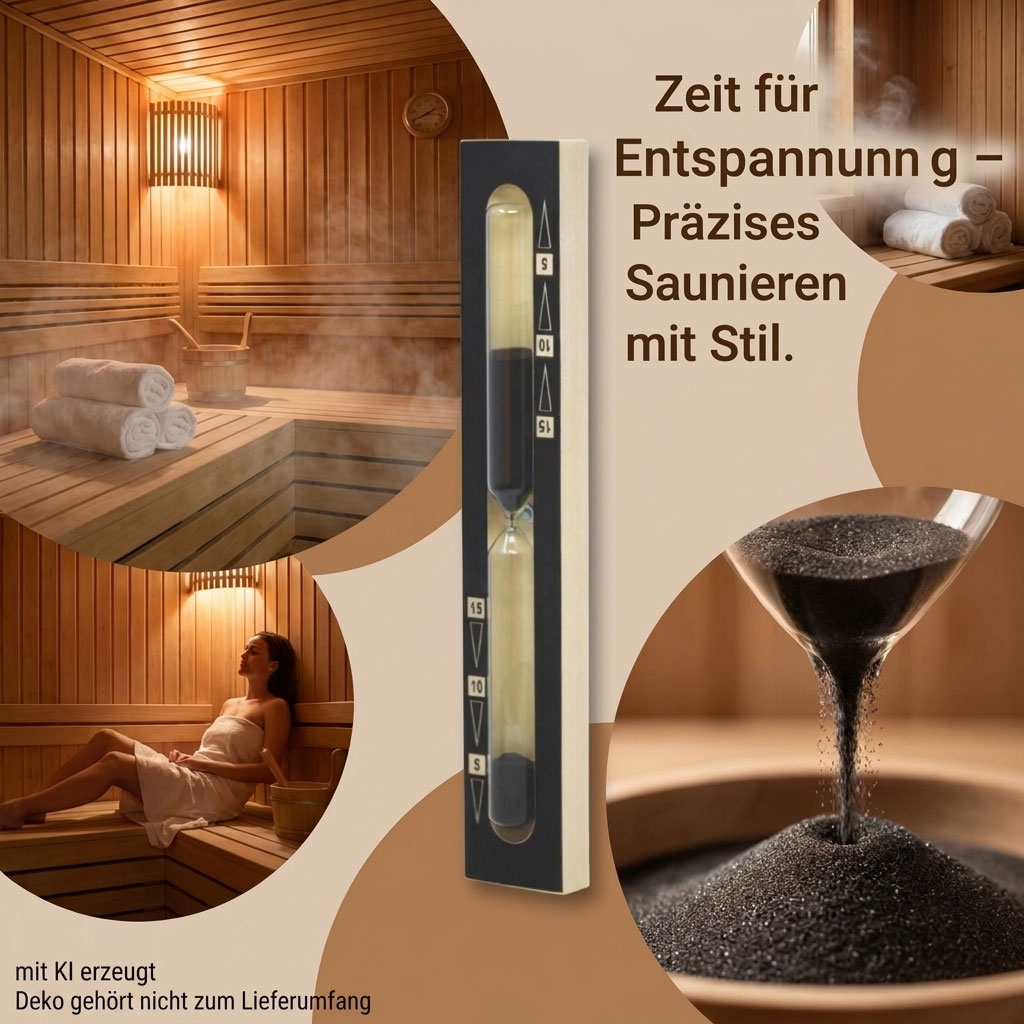 Eine Sauna-Sanduhr mit schwarzer Frontplatte und dunklem Sand in einem Holzrahmen.