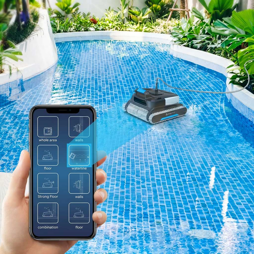 Ein Roboter-Poolreiniger, der in einem gefliesten Schwimmbad arbeitet.