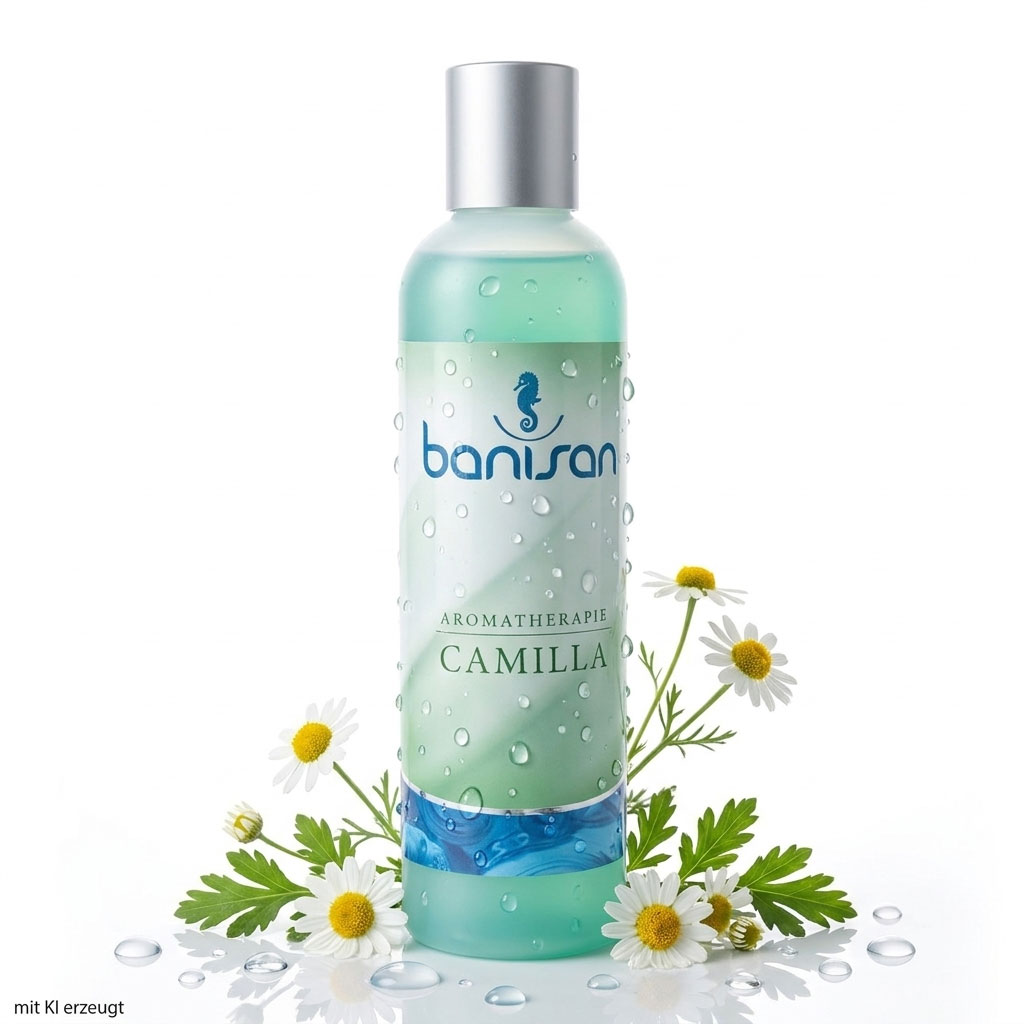 Eine durchsichtige Plastikflasche mit dem blauen Badezusatz Banisan Camilla mit silbernem Verschluss auf einer nassen Oberfläche.