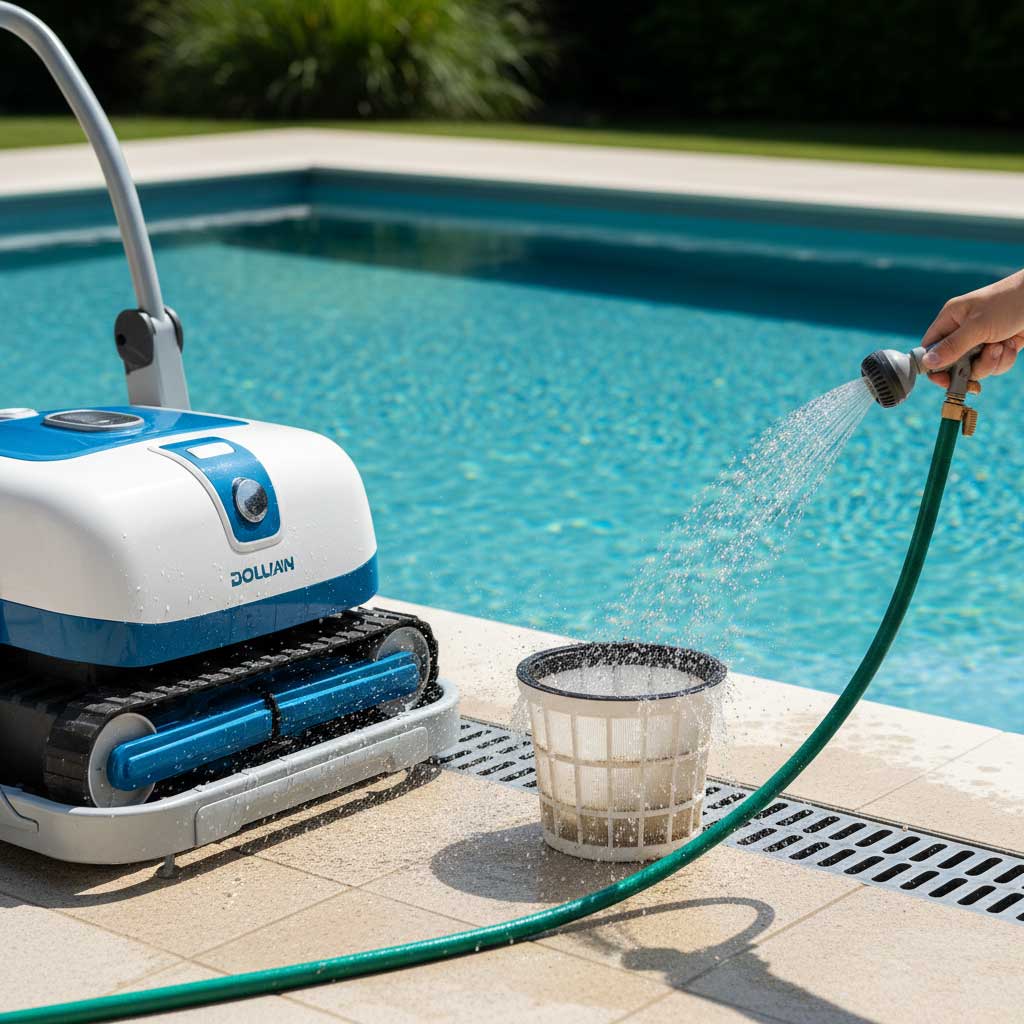 Poolreinigung: Roboter-Poolreiniger an Deck, der den Filterkorb mit einem Schlauch ausspült. Wasser sichtbar.