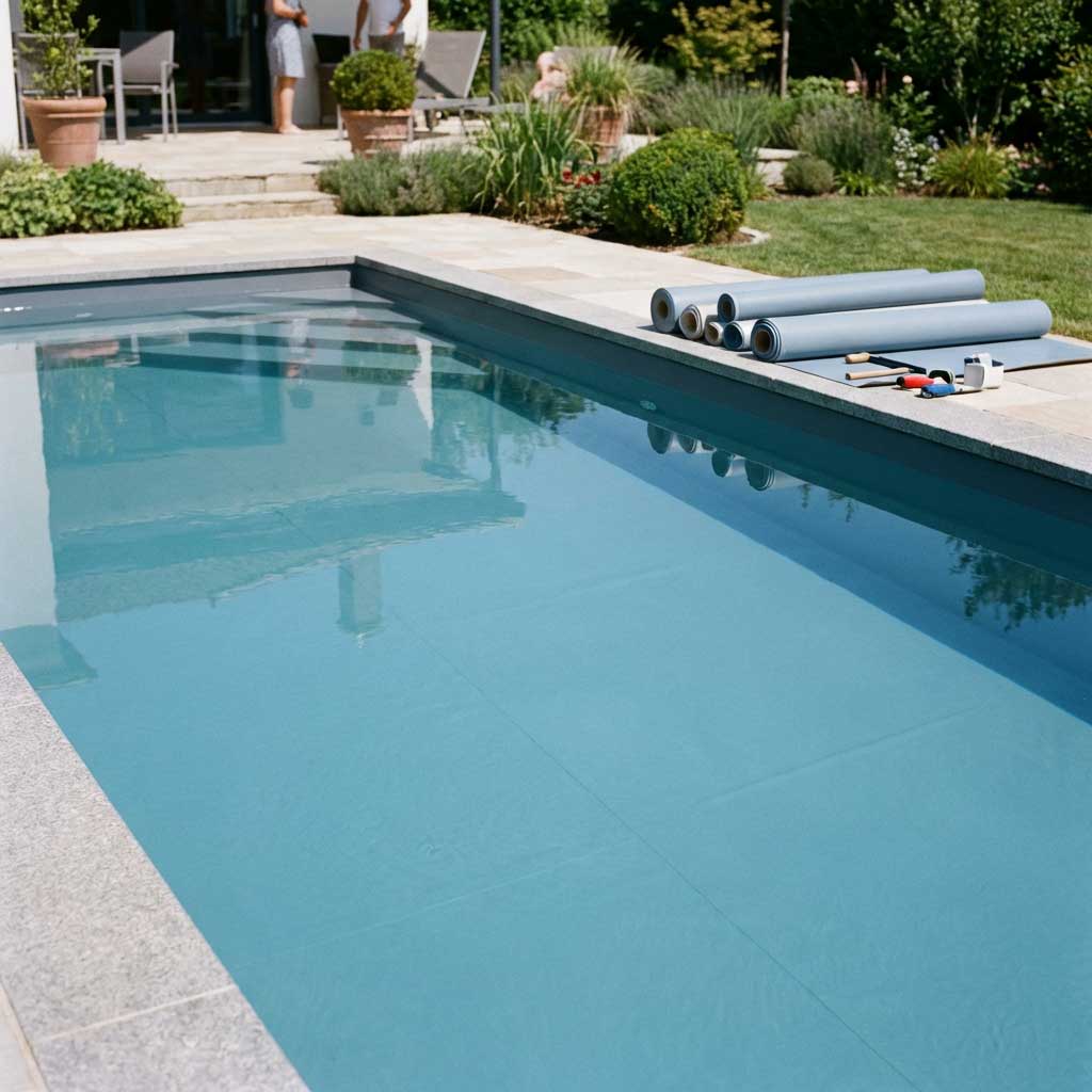 Rechteckiges, mit Wasser gefülltes Schwimmbecken mit aufgerollten Beckenabdeckungen und Installationswerkzeugen.