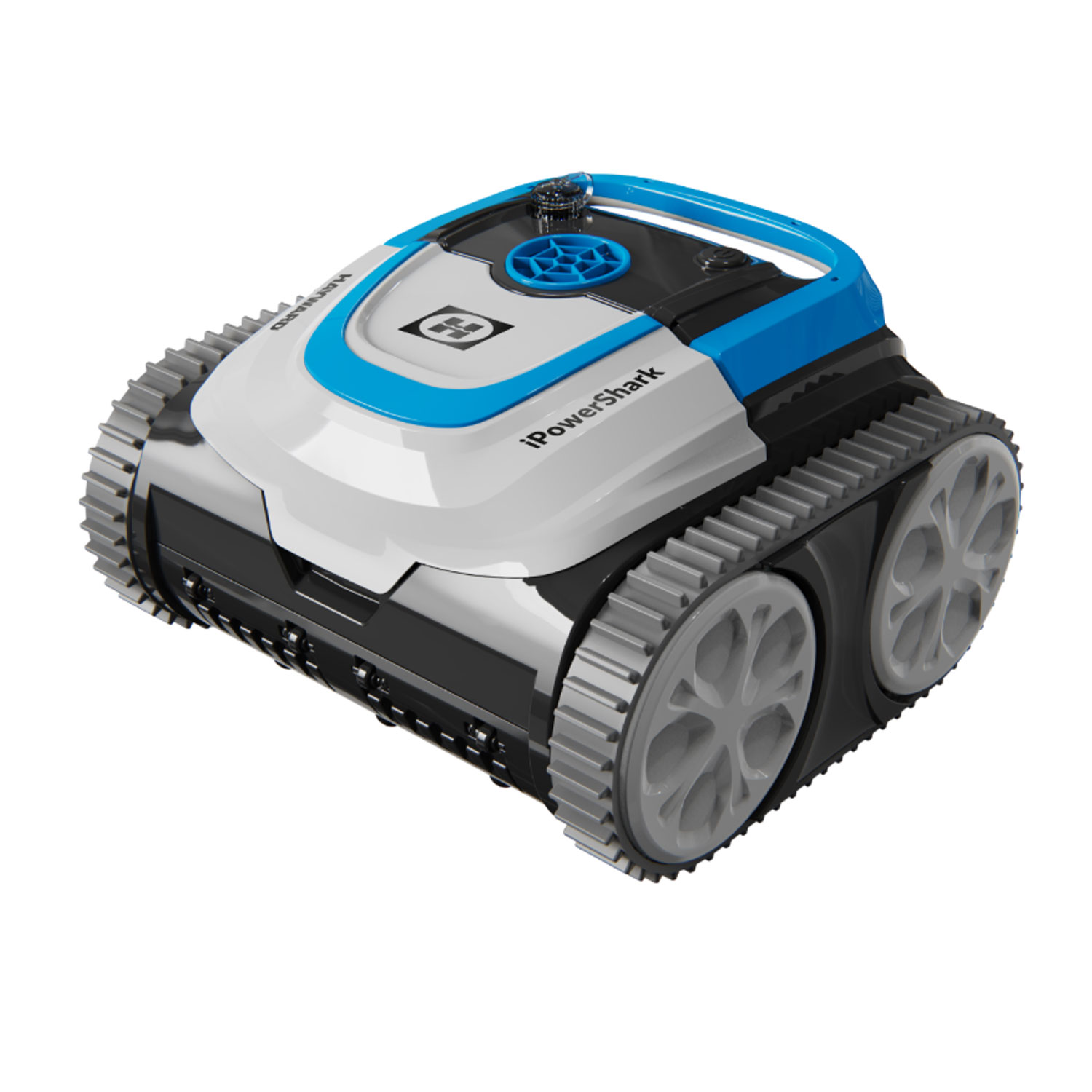 Roboter-Poolreiniger mit Rädern und blauen Akzenten.
