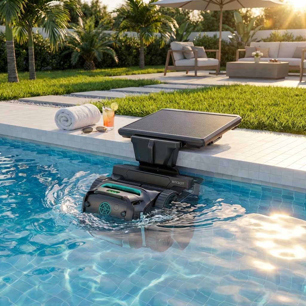 Automatischer Poolreiniger im Wasser in der Nähe einer Solarabdeckung am Beckenrand.