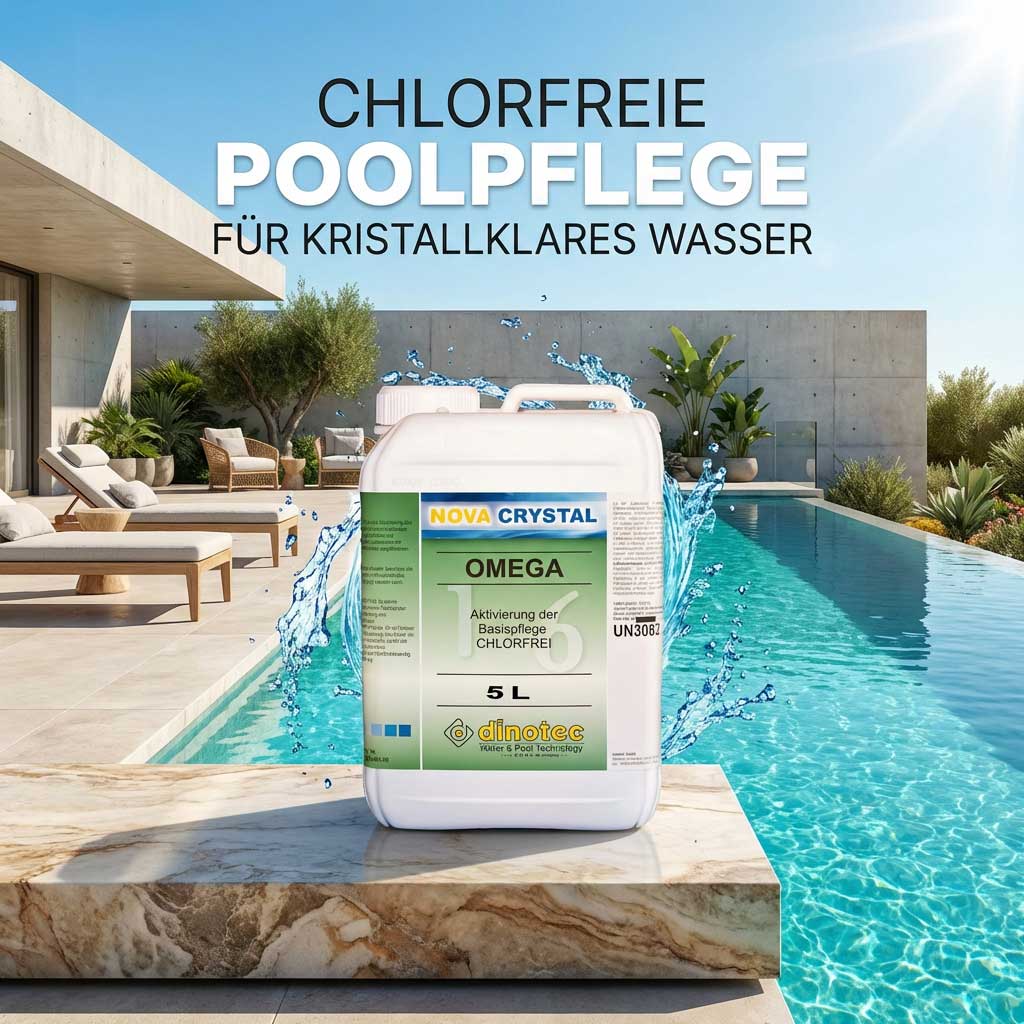 Chlorfreies Poolpflegeprodukt neben modernem Pool