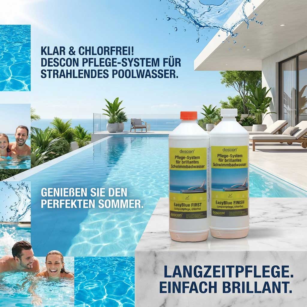 Zwei Flaschen Poolpflegesystemprodukte auf einer Marmoroberfläche neben einem Schwimmbad.