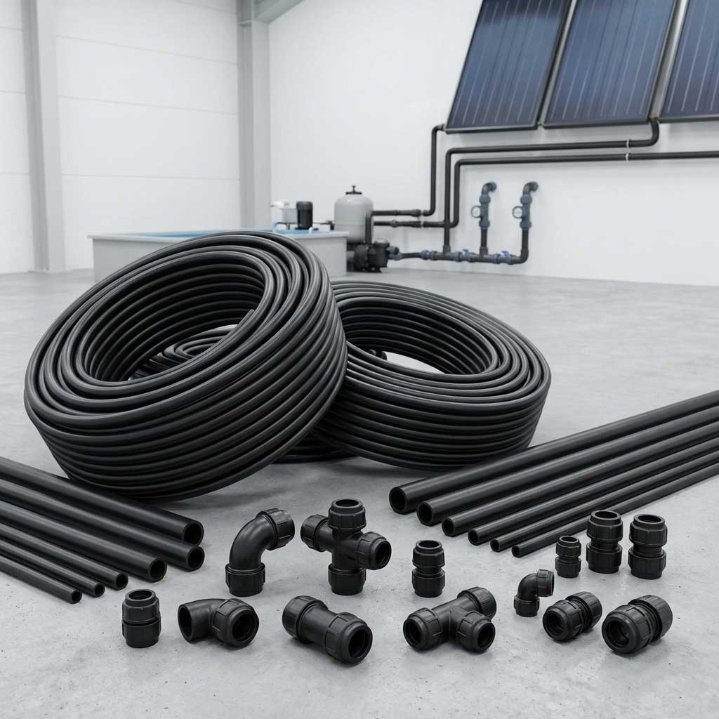 Das Bild zeigt gewickelte und gerade schwarze Rohre, Formstücke und Solaranlagen zur Poolheizung.