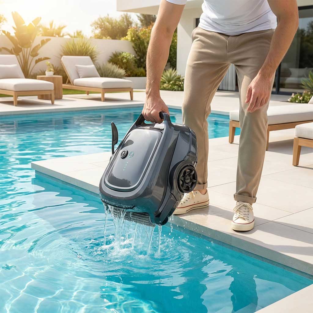 Eine Person hält einen Poolreiniger über den Rand eines Schwimmbeckens.