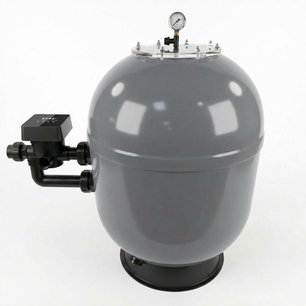 Grauer Poolsandfilter mit angeschlossenem Manometer und Ventil.