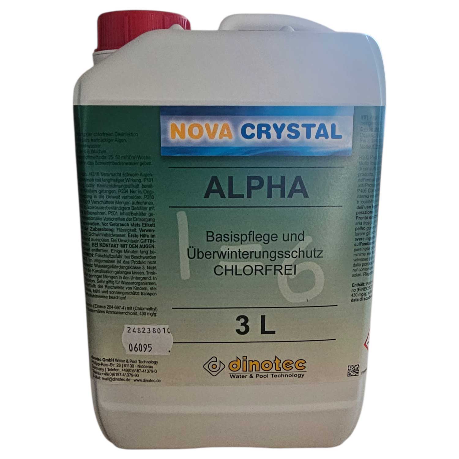 Dinotec Nova Crystal Alpha 3L, eine chlorfreie Lösung für die Poolpflege und den Winterschutz.