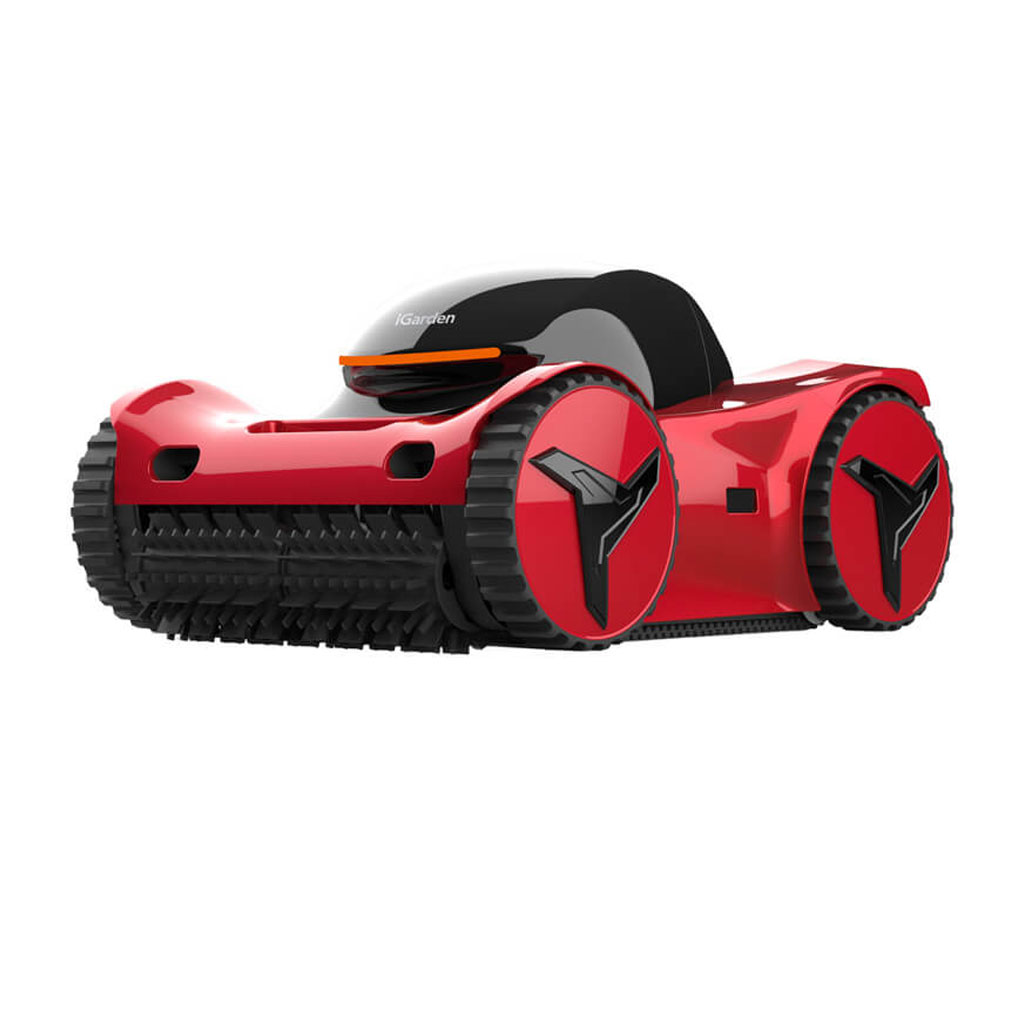 Roter Roboter-Rasenmäher mit schwarzen Akzenten und großen Rädern.
