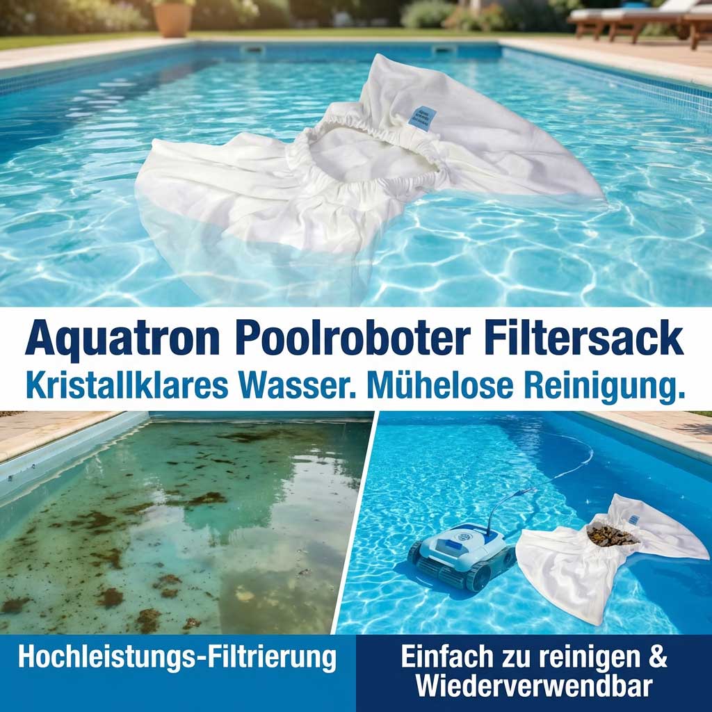 Pool mit einem weißen Filterbeutel, der zur Reinigung auf der Oberfläche schwimmt.