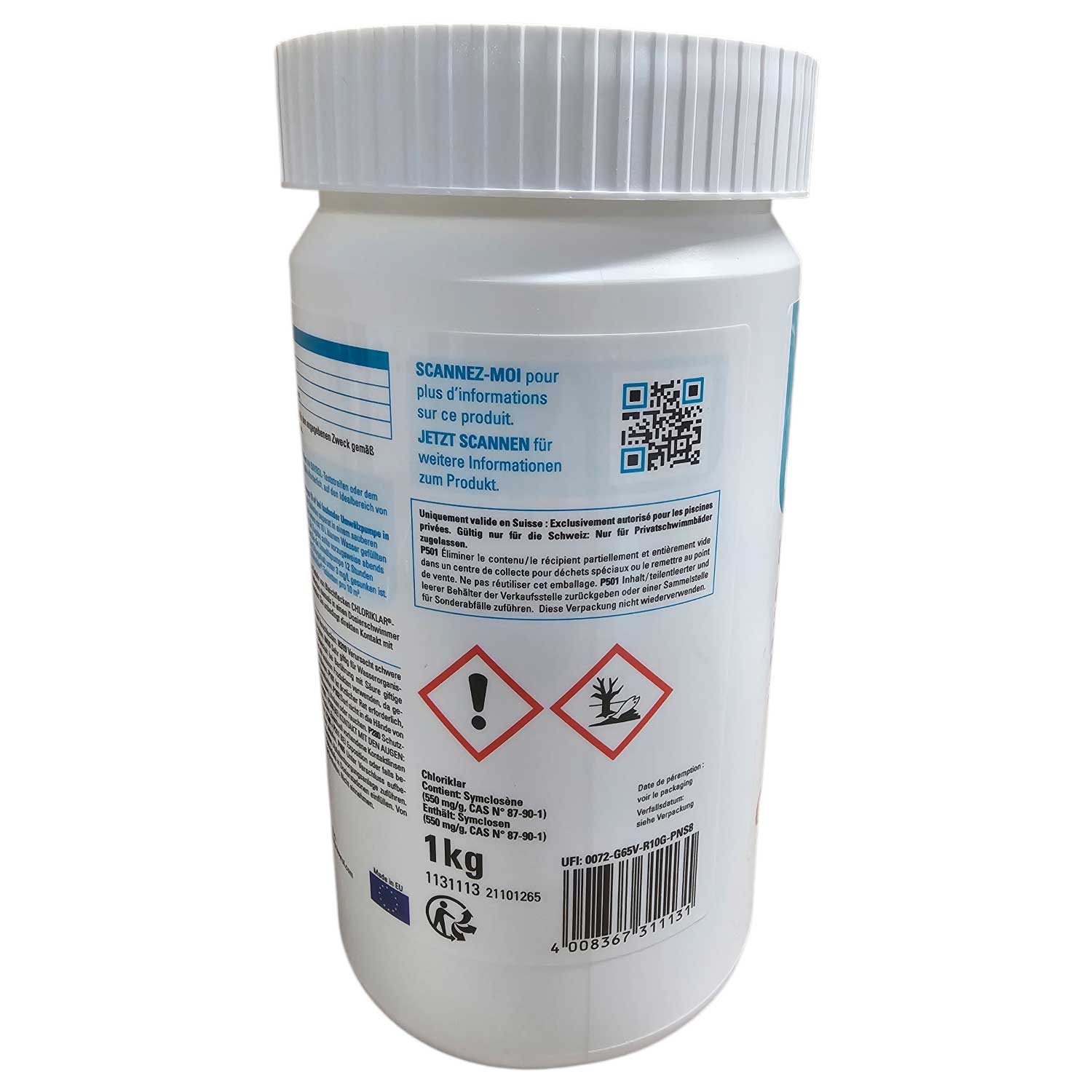 Weißer 1-kg-Behälter Poolchlor mit Schraubdeckel und Gefahrensymbolen.