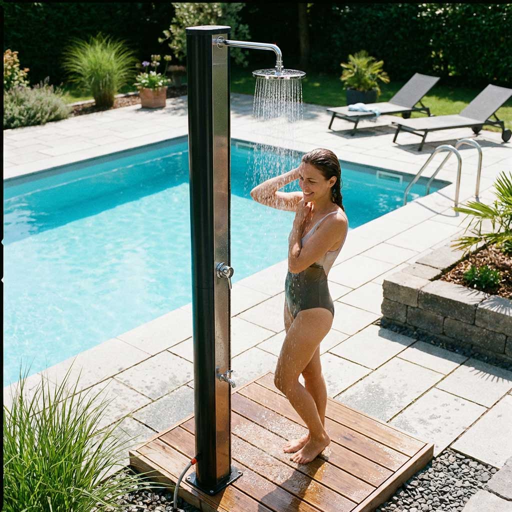 Freistehende Außendusche mit Überkopfdüse auf einer Holzplattform neben einem Swimmingpool.