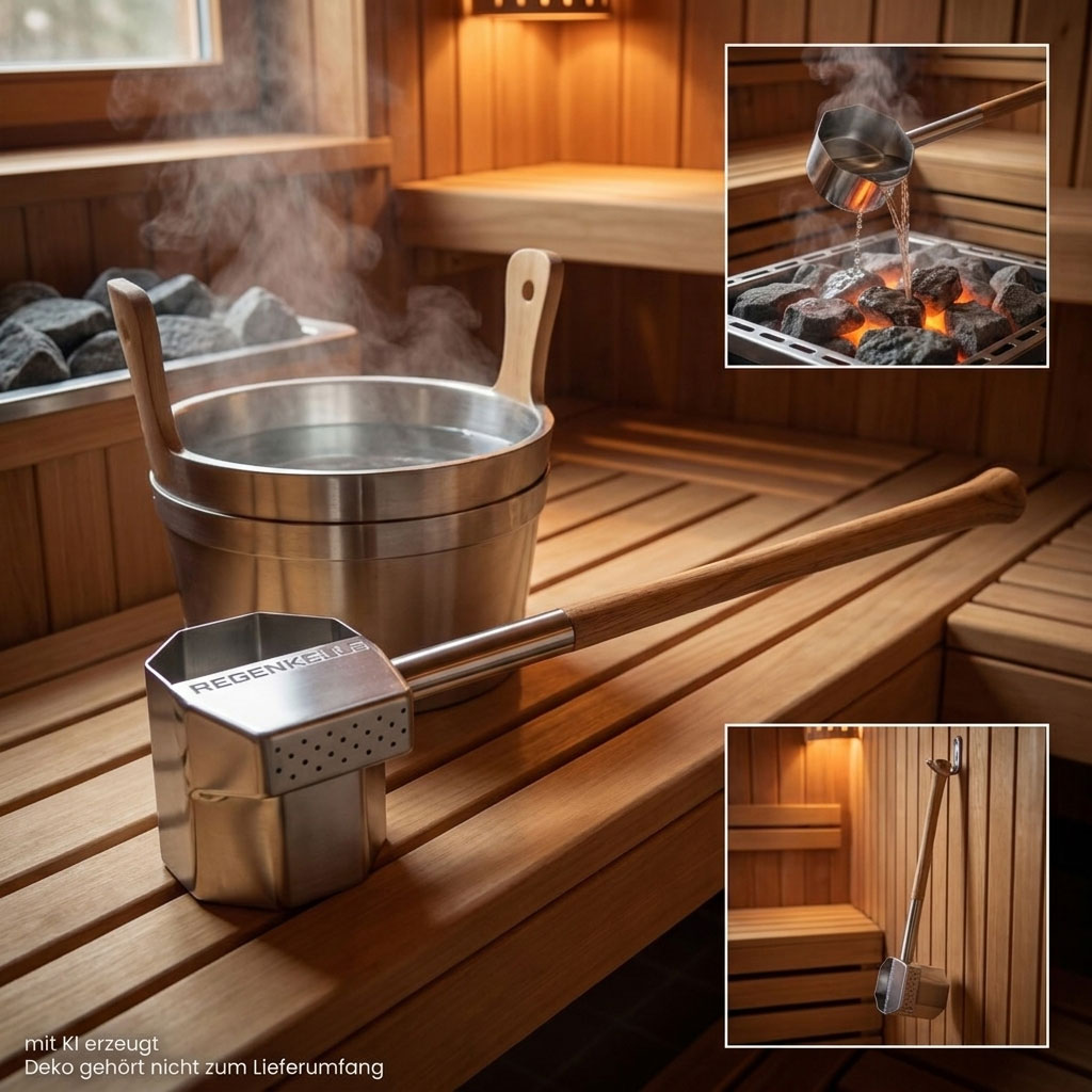 Sauna-Regenkelle aus Edelstahl mit Holzgriff, platziert auf einer hölzernen Saunabank.