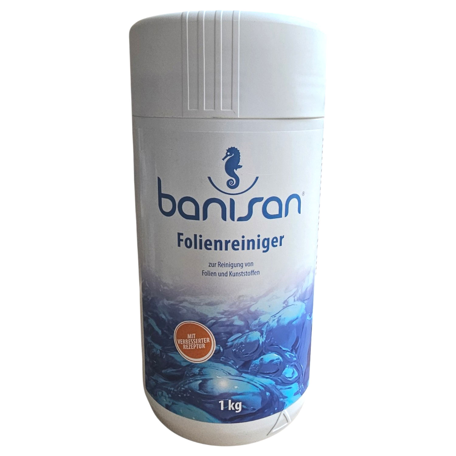 Ein weißer Plastikbehälter mit Poolfolienreiniger mit blauem Etikett und einem Fassungsvermögen von einem Kilogramm.