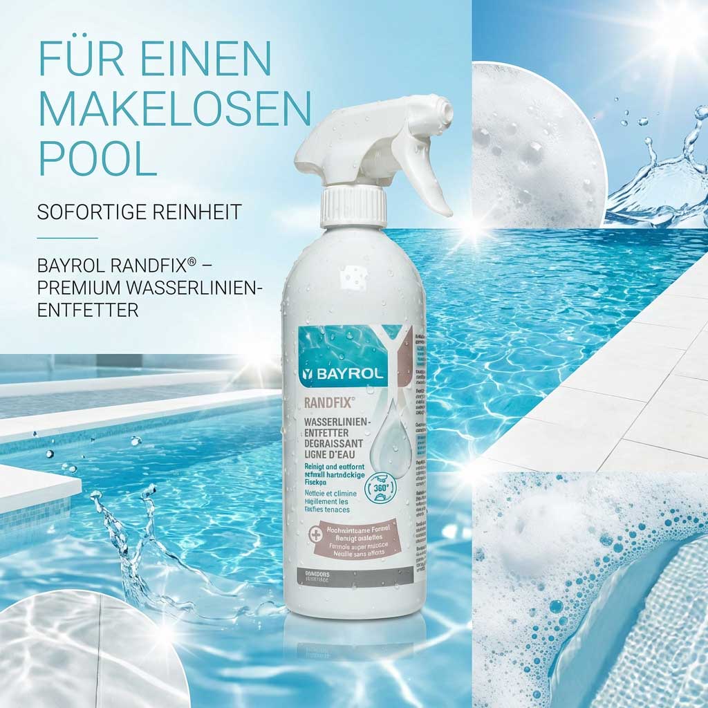 Flasche Poolreiniger neben einem Schwimmbad.