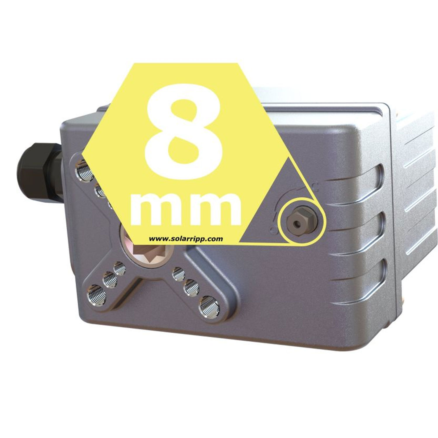 Nahaufnahme eines grauen Metallgeräts mit sichtbaren Befestigungselementen und einer überlagerten „8 mm“-Markierung.