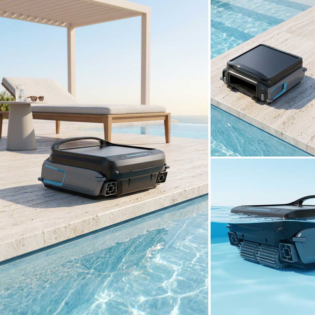 Roboter-Poolreiniger auf dem Pooldeck und im Wasser