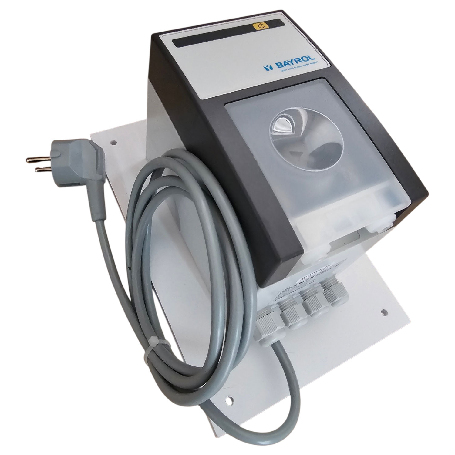 Automatischer Pool-Chemikalienspender mit Netzkabel und Bedienfeld.