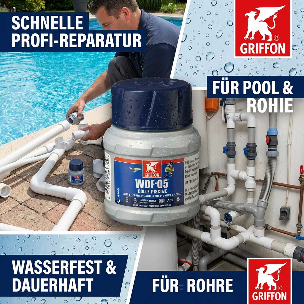 Pool-Reparaturkleber, der auf PVC-Rohren in der Nähe eines Schwimmbades aufgetragen wird.