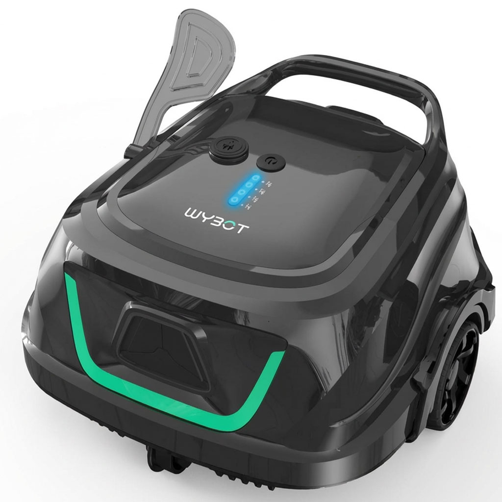 Automatischer Poolreiniger mit Bedienfeld und Rädern für Manövrierbarkeit.