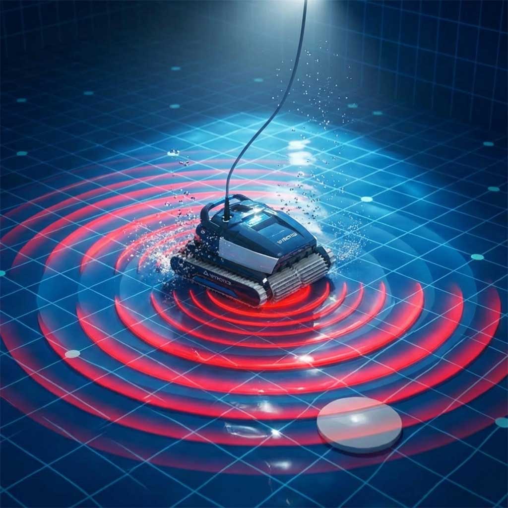 Automatisierter Poolreiniger, der in einem Schwimmbad mit Wasserwellen arbeitet.