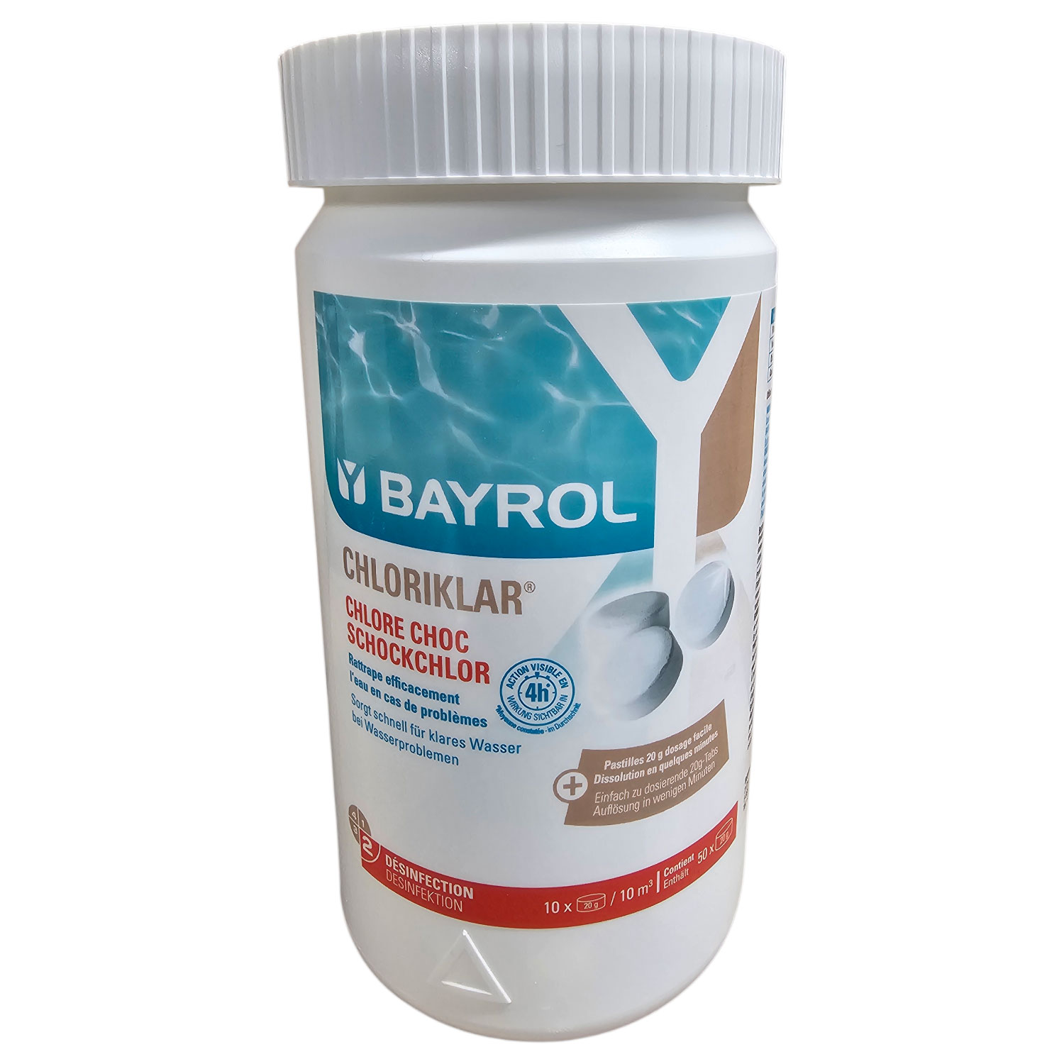 Weißer BAYROL CHLORIKLAR Schockchlorbehälter mit blauem und braunem Etikett, 10 x 20 g Tabletten.