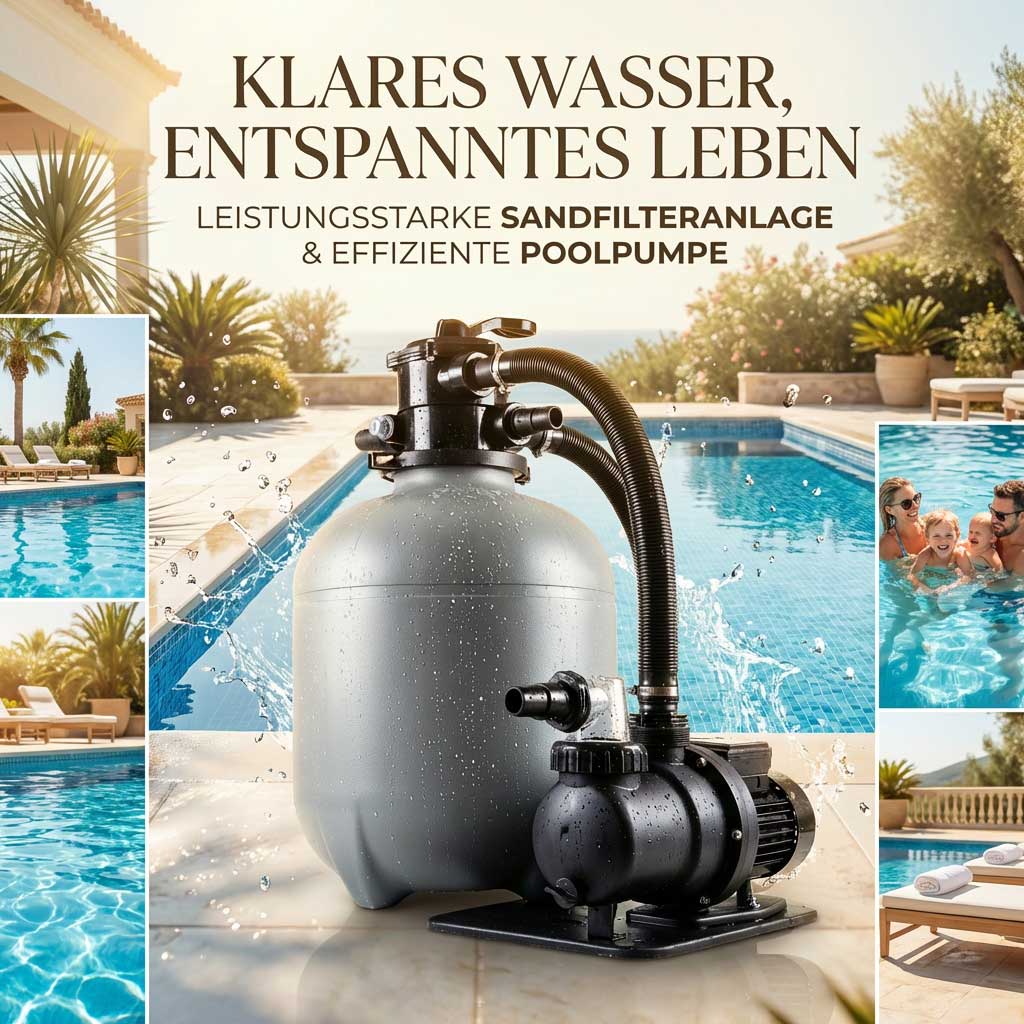 Sandfilteranlage und Poolpumpe neben einem Swimmingpool.