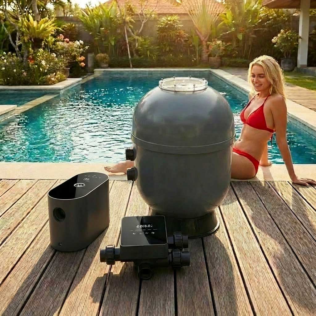 Großes Poolfiltersystem neben dem Außenpool.