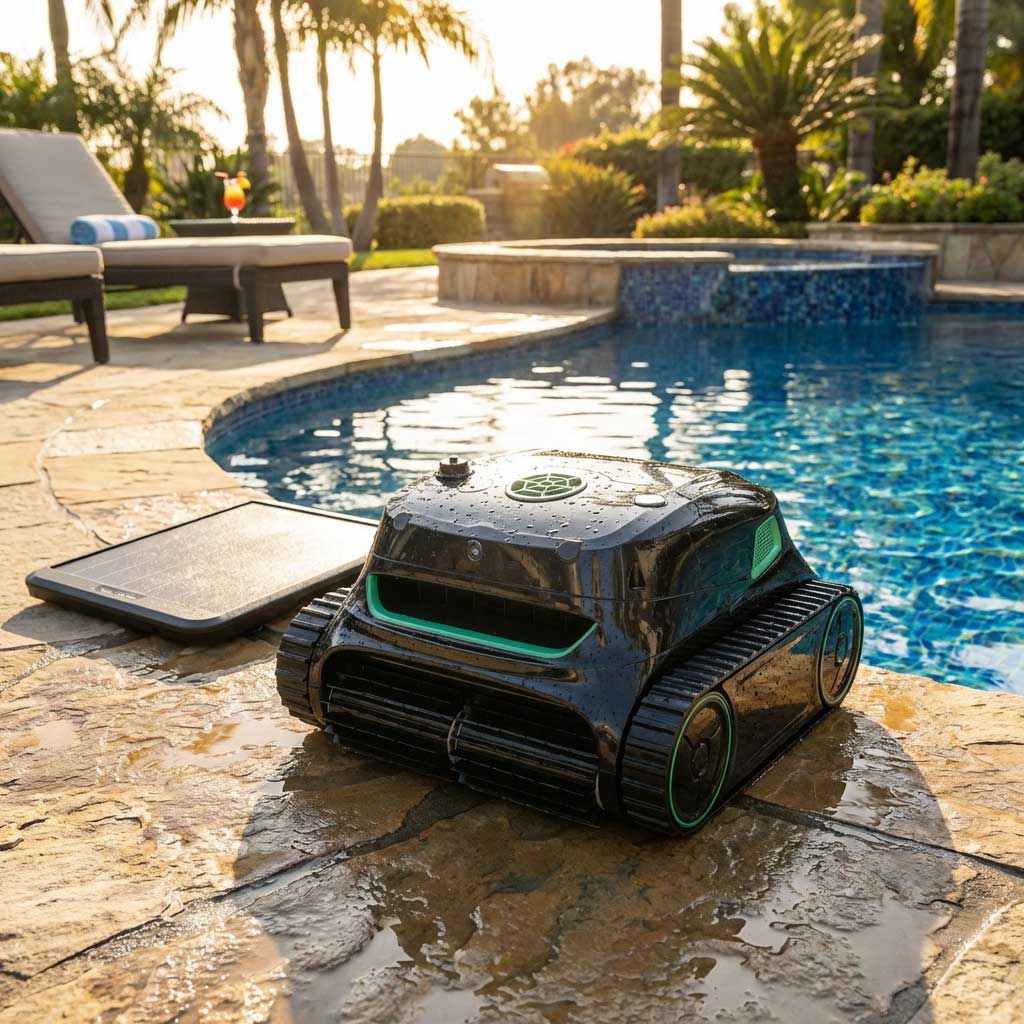 Roboter-Poolreiniger, der am Rand eines Schwimmbeckens positioniert ist.