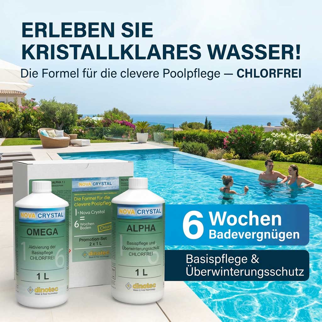 Poolabdeckung auf einem rechteckigen Pool mit Leiter und umgebendem Gartenbereich.