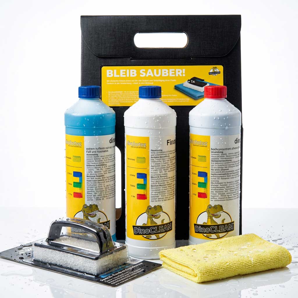 Drei Reinigungsflaschen, ein Schrubber und ein Tuch zur Poolpflege.