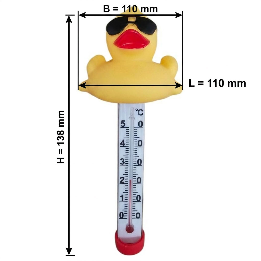 Gelbes Gummi-Enten-Poolthermometer mit Celsius-Skala, 138 mm Höhe.