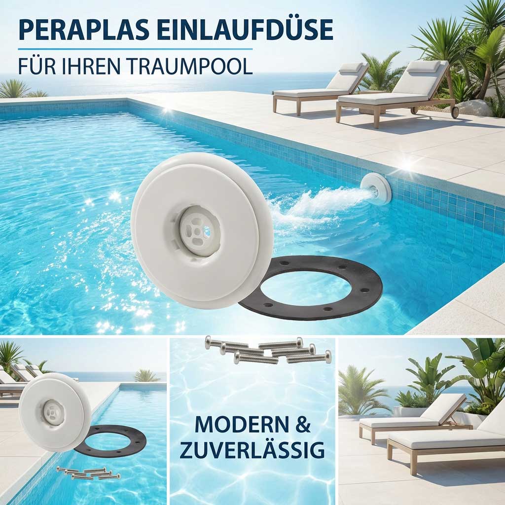 Weiße Einlaufdüse für den Schwimmbadeinbau mit Montagering.