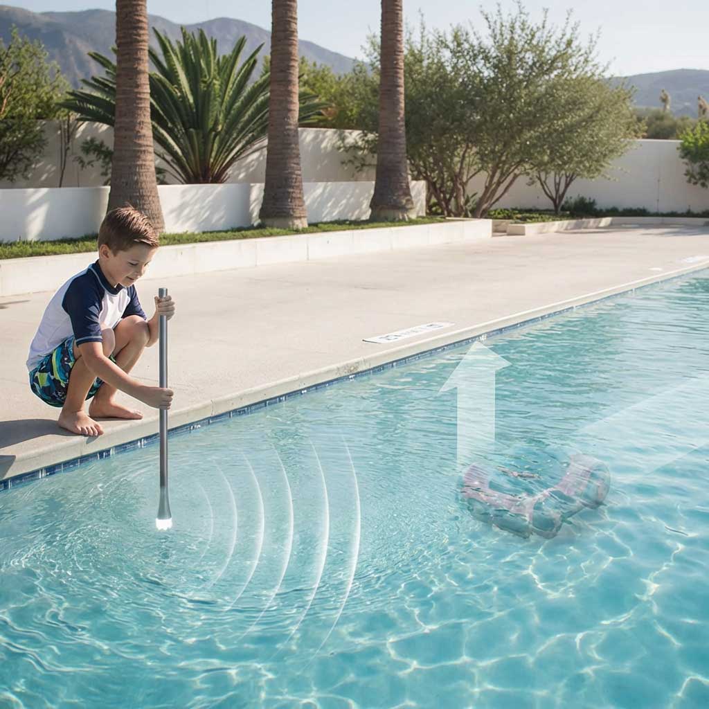 Junge benutzt ein Reinigungswerkzeug in einem Schwimmbad mit einem Sensorgerät.