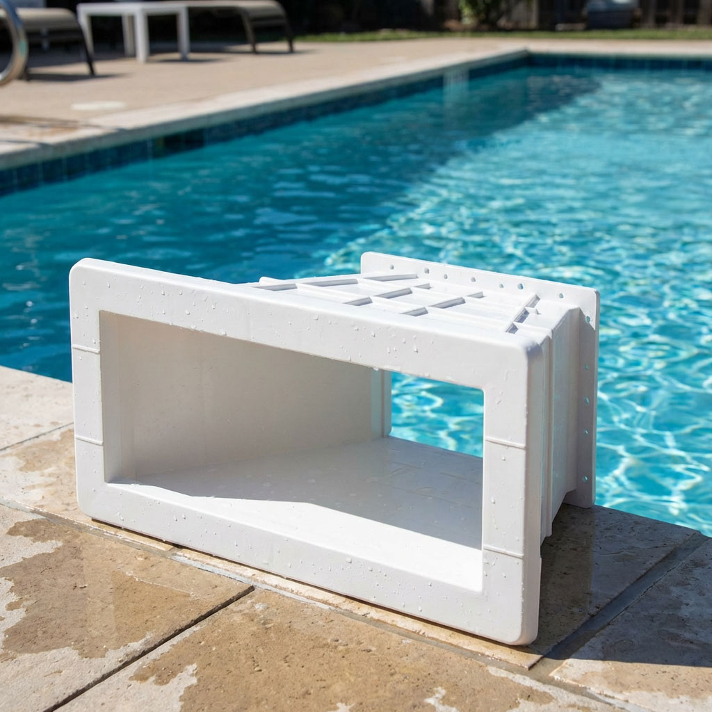 Weiße, rechteckige Poolskimmer-Erweiterung am Rand eines Schwimmbeckens.