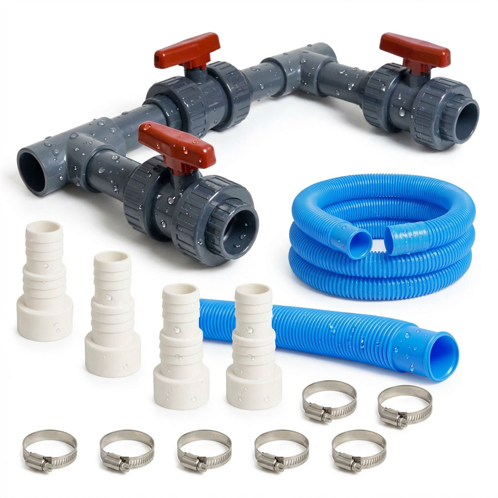 Satz Sanitärkomponenten, einschließlich Ventile, Schläuche und Klemmen.