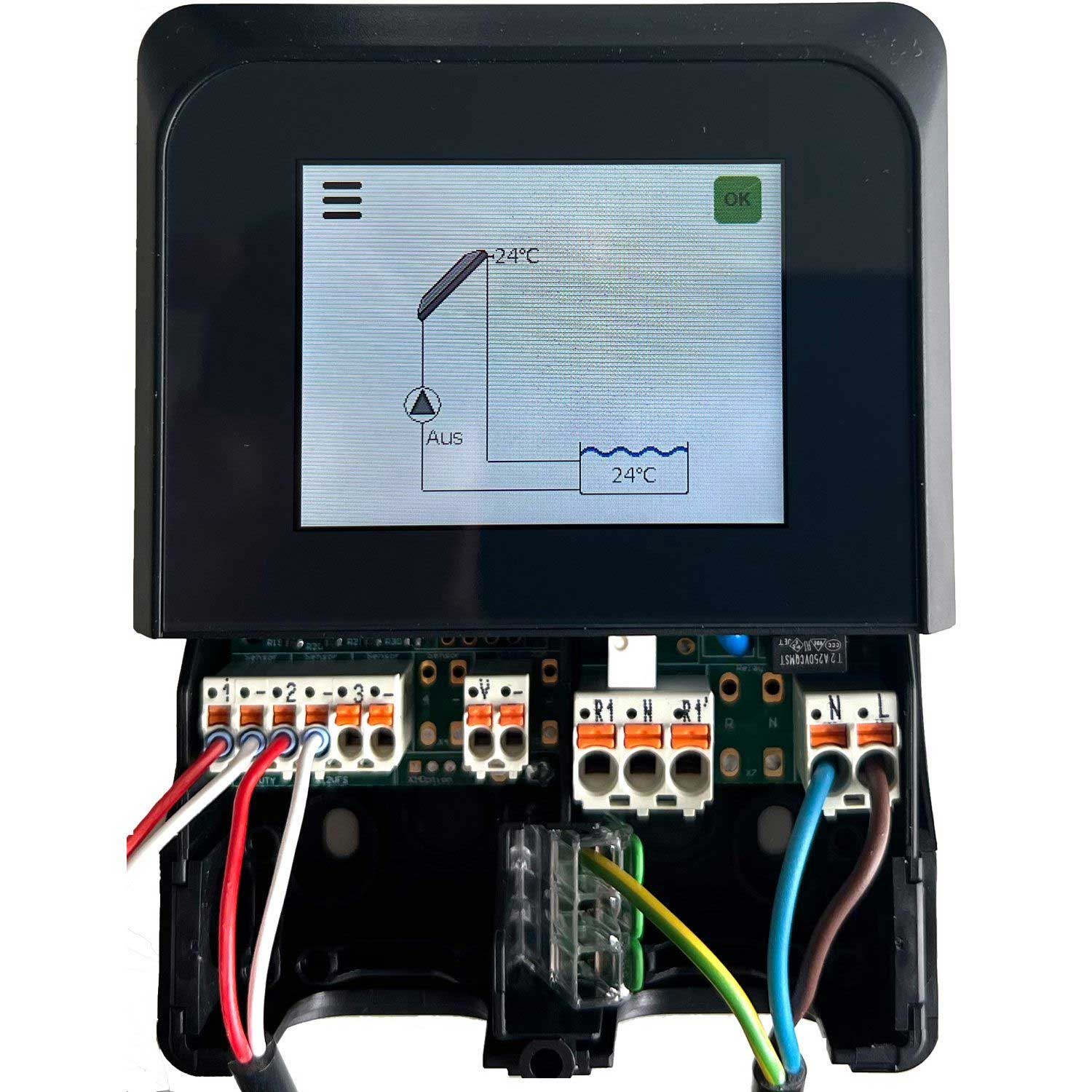 Bedienfeld mit LCD-Bildschirm zur Anzeige eines Diagramms und der elektrischen Verkabelung mit Klemmenblöcken.