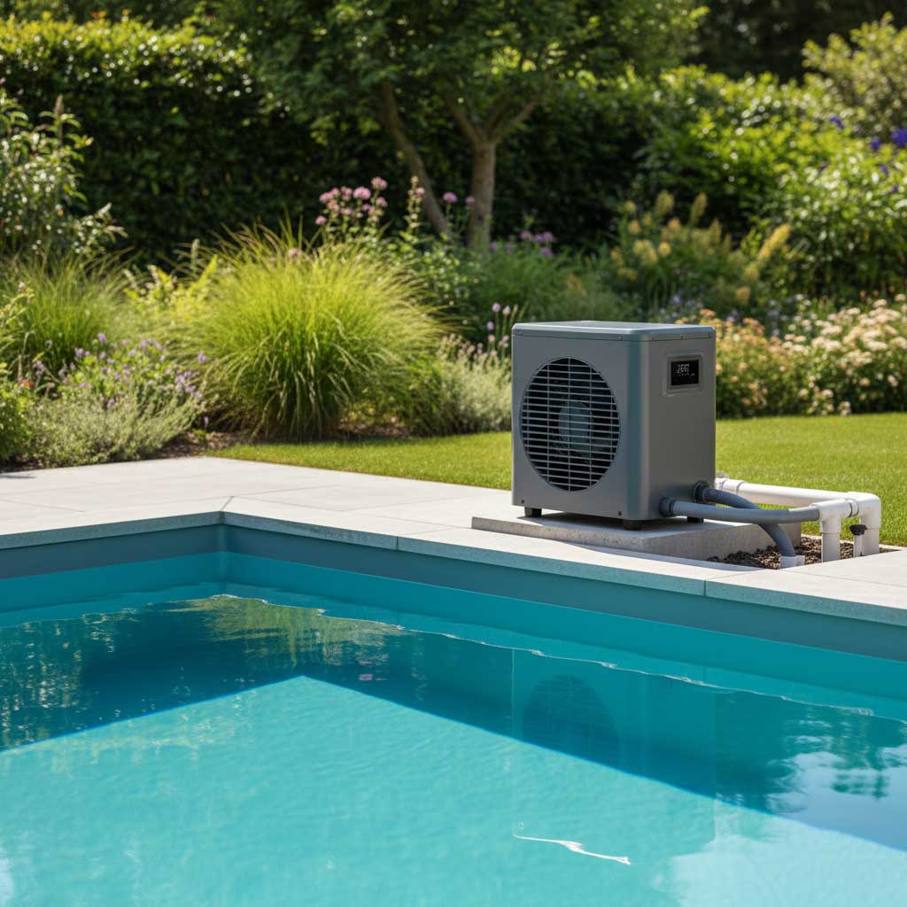 Ansicht einer Wärmepumpe zur Beheizung eines im Freien installierten Schwimmbades.