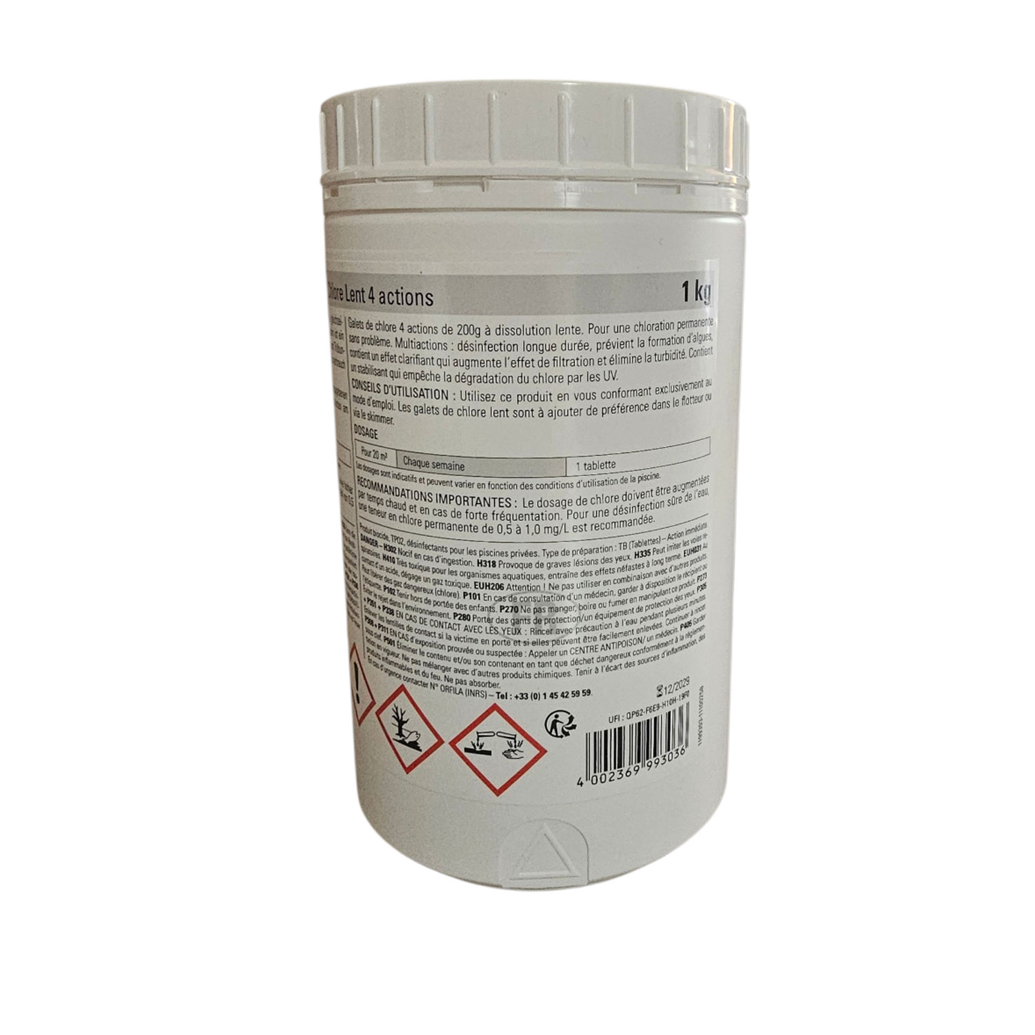 Behälter mit sich langsam auflösenden Chlortabletten zur Poolpflege.