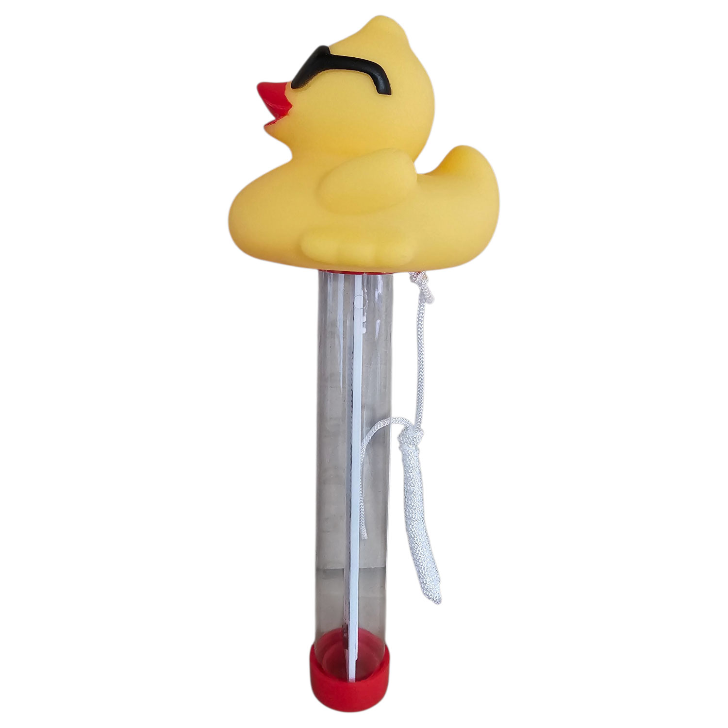 Schwimmendes Gummi-Enten-Poolthermometer mit durchsichtigem Rohr und rotem Sockel.