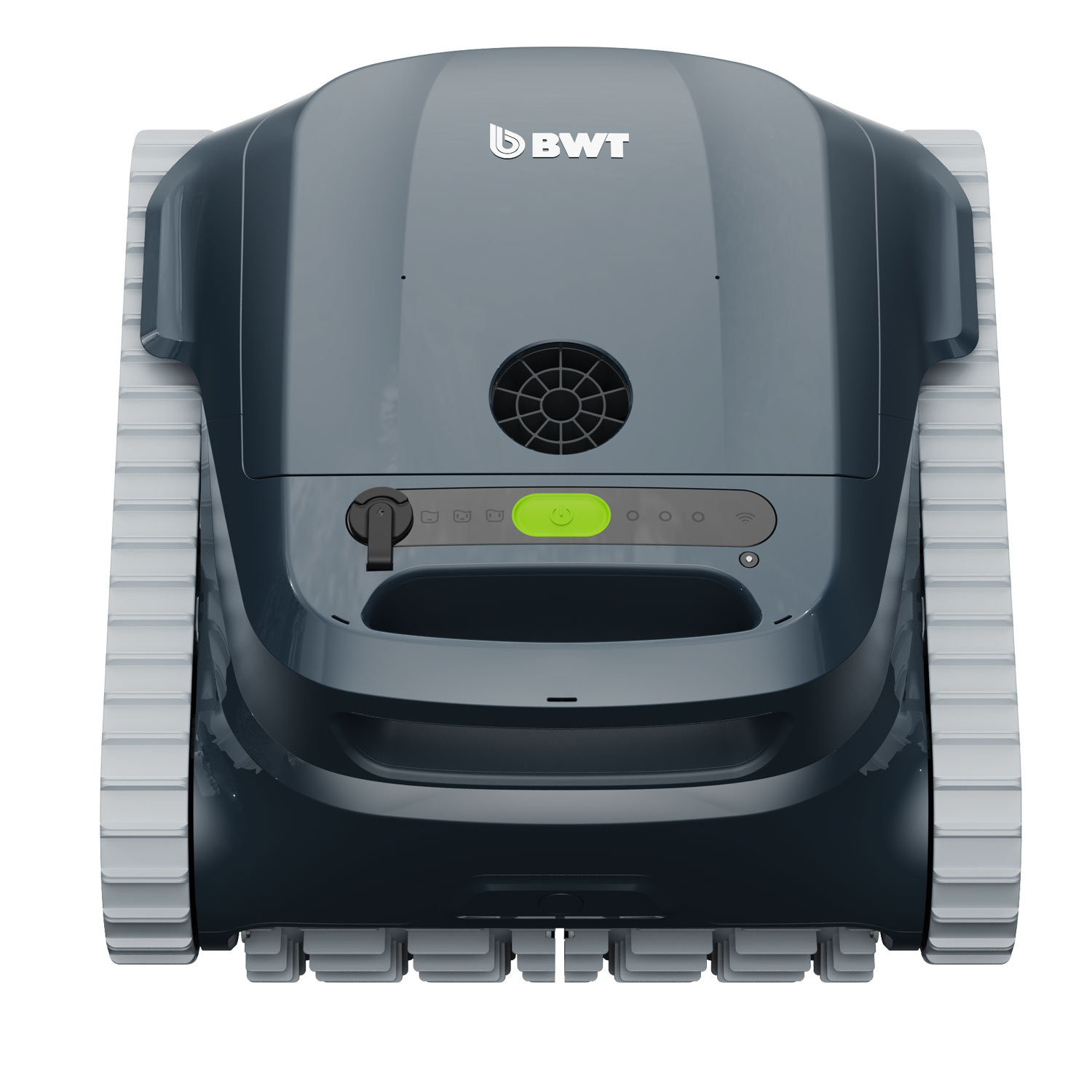 Pool-Reinigungsroboter mit beidseitiger Schienenführung auf der Oberseite für Manövrierfähigkeit unter Wasser.