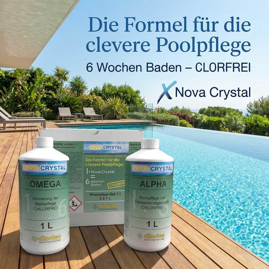 Chlorfreie Poolpflegeprodukte neben einem Außenpool.