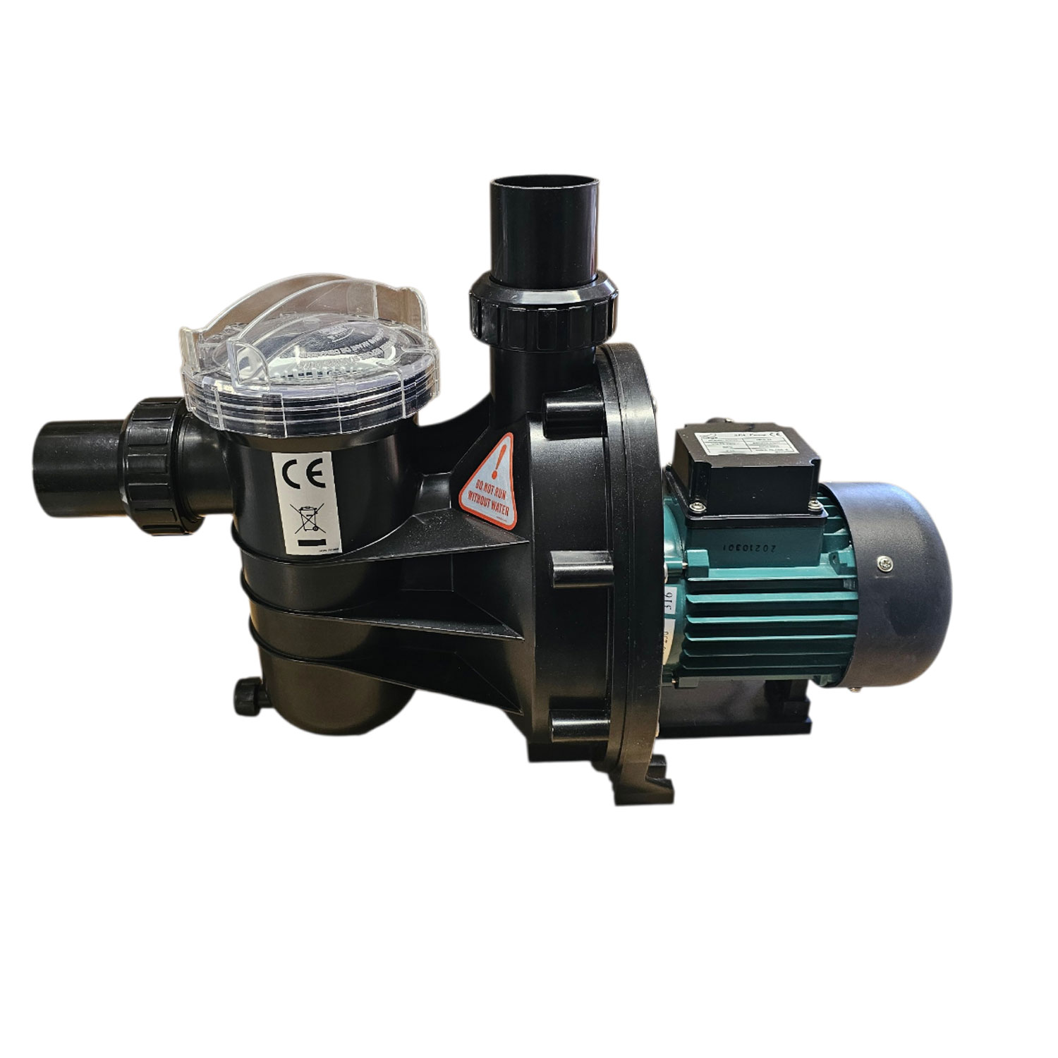 Poolpumpe mit transparentem Deckel und Elektromotor zur Wasserzirkulation.