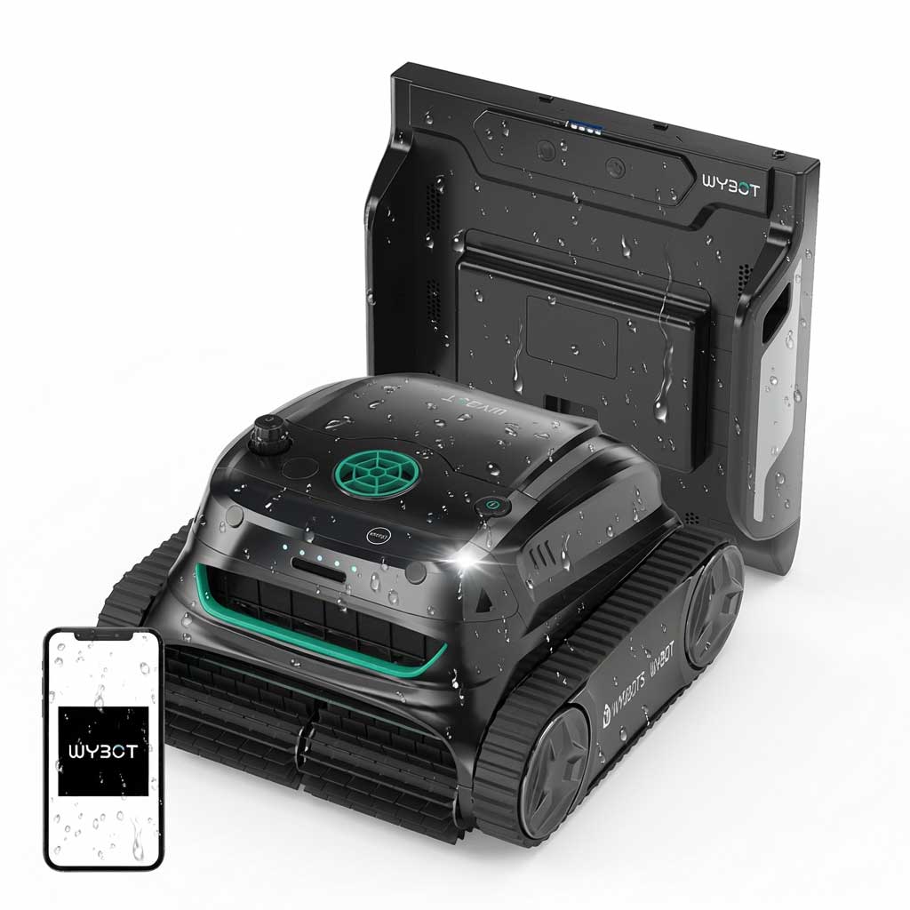 Automatischer Poolreiniger mit Bedienfeld und Smartphone-App.